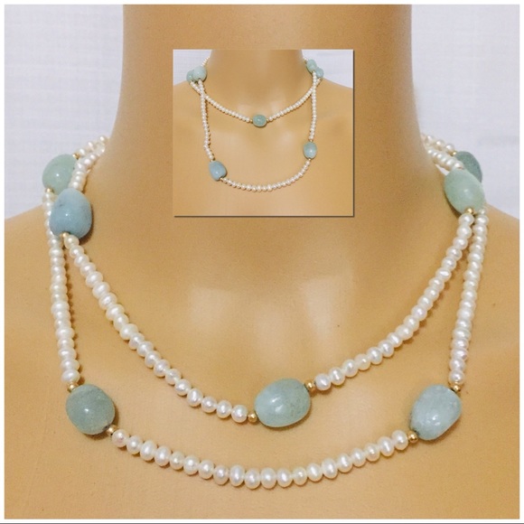 Cultured Pearl Necklace with Pale Blue Stones - Picture 4 of 5